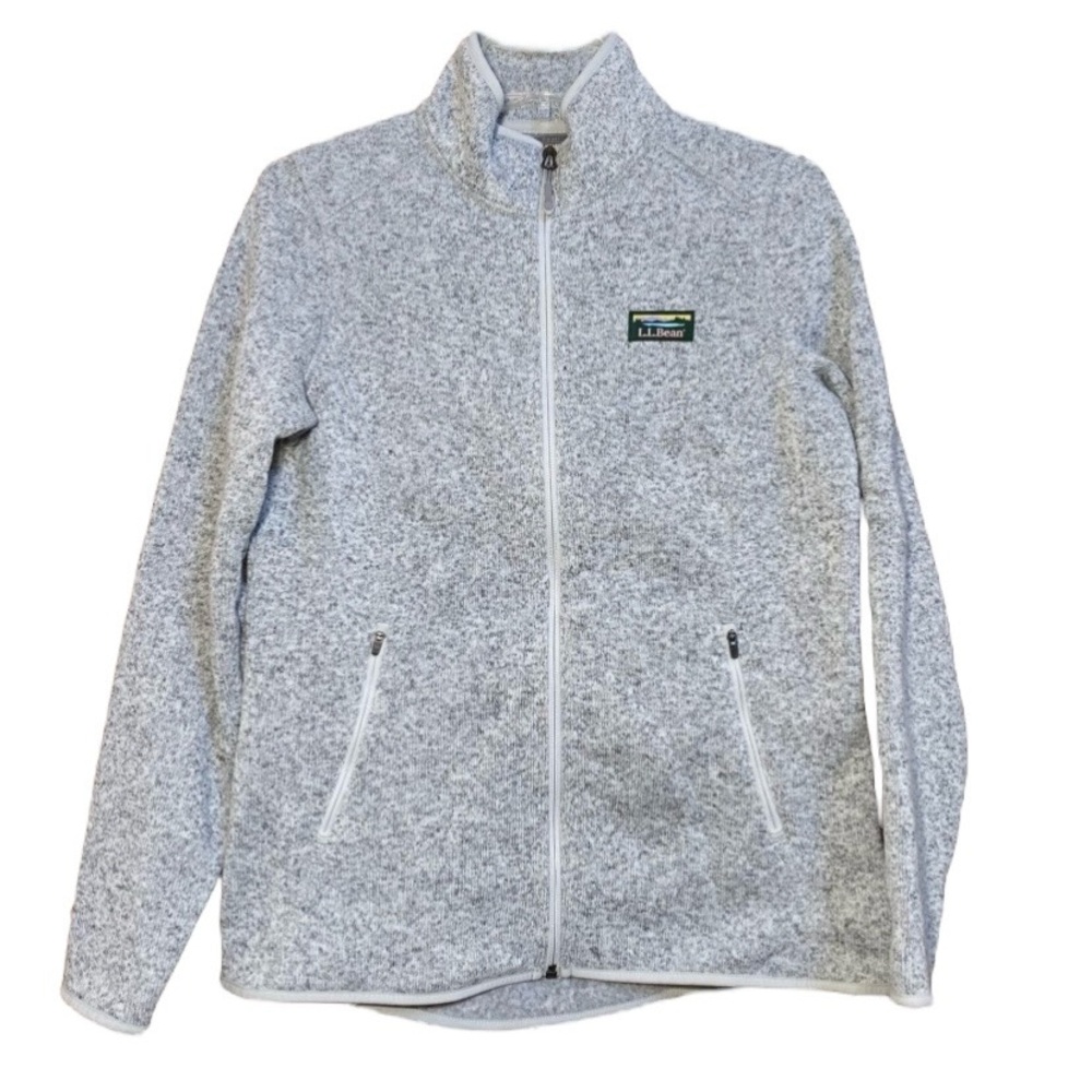 LL Bean Jacket Women Size M Gray Fleece Knit Zip Up Pockets Logo Outdoors Hiking